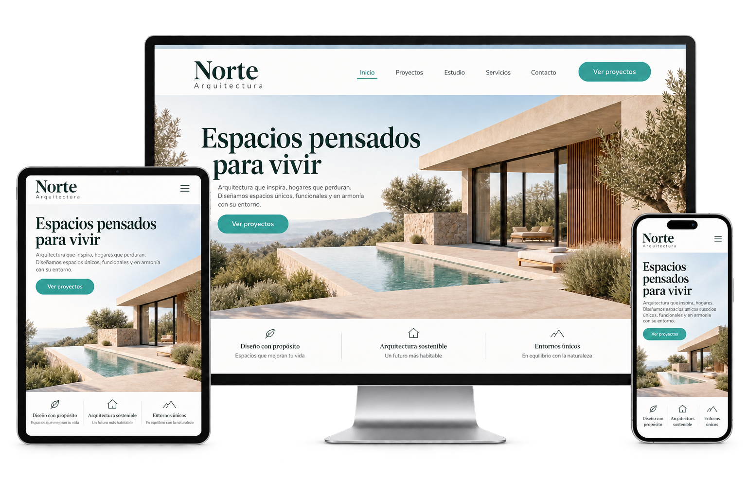 Página web de un estudio de arquitectura adaptada a ordenador, tablet y móvil