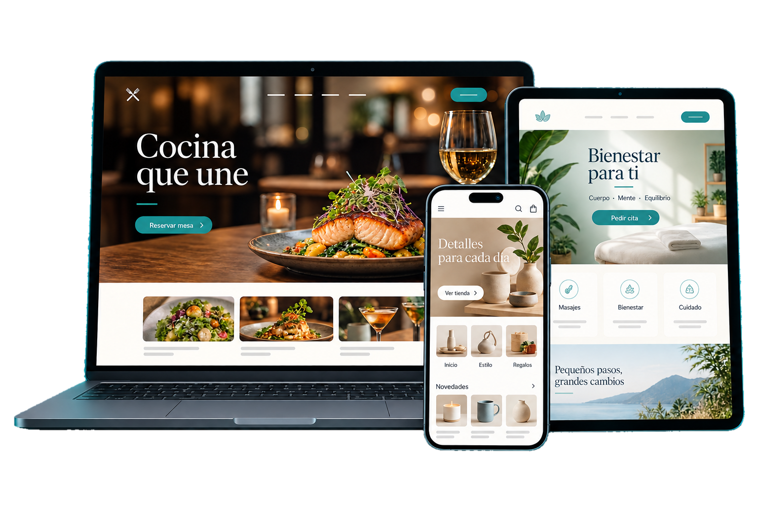 Ejemplos de páginas web para negocios en ordenador, tablet y móvil