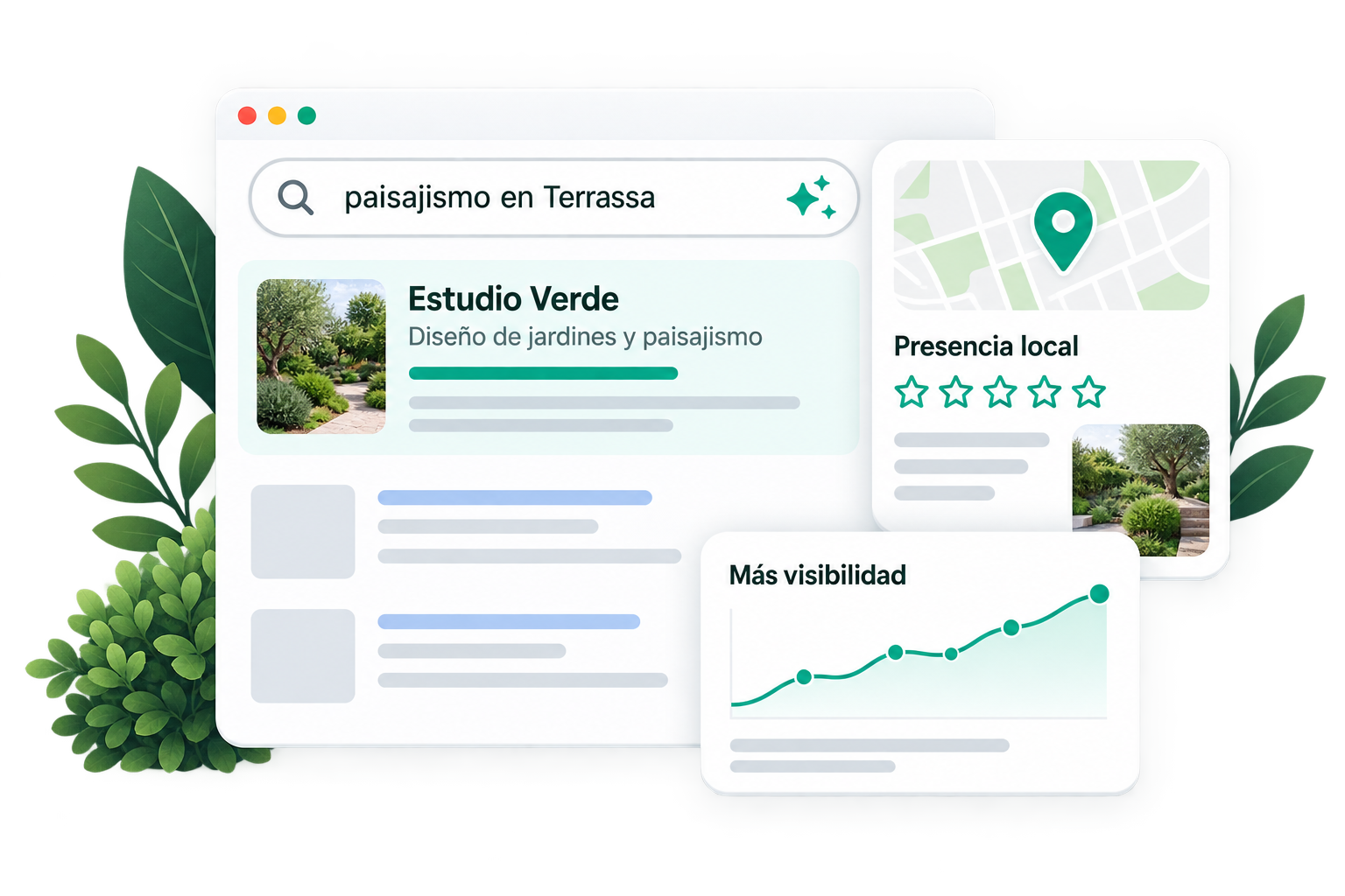 Resultado de búsqueda local, ficha de negocio y gráfico de evolución de la visibilidad