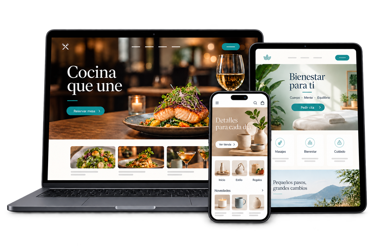 Ejemplos de páginas web para negocios en ordenador, tablet y móvil